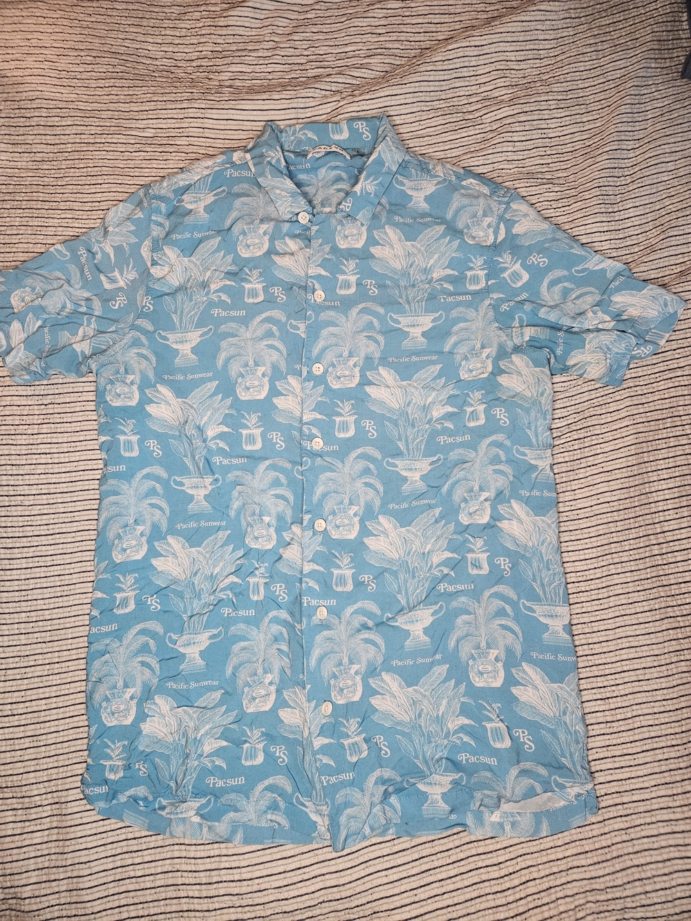 PacSun Light Blue Tropical Print Short Sleeve Button-Up Shirt